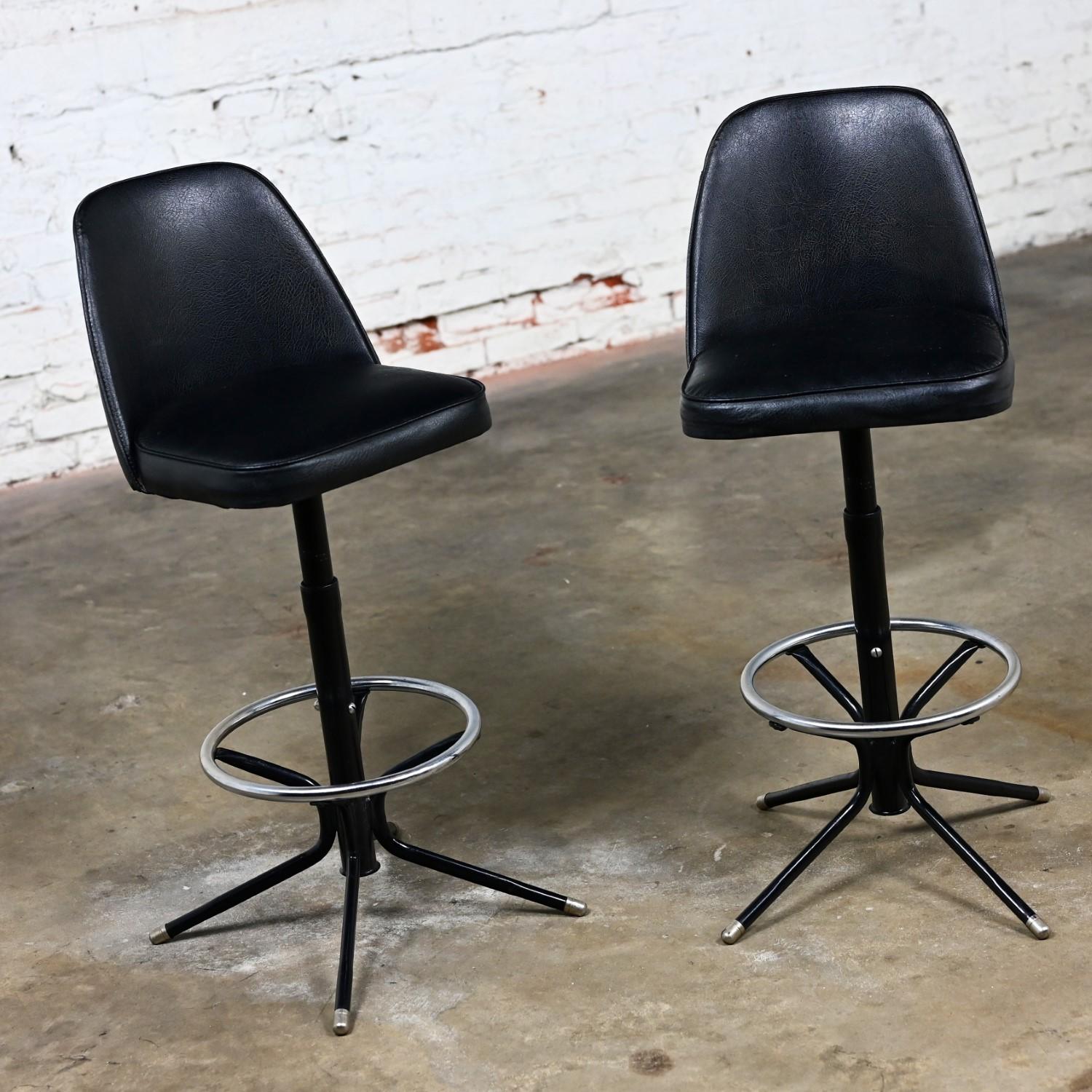 Unknown MCM Adjustable Swivel Barstools Black Vinyl Chrome & Black Painted Steel a Pair For Sale