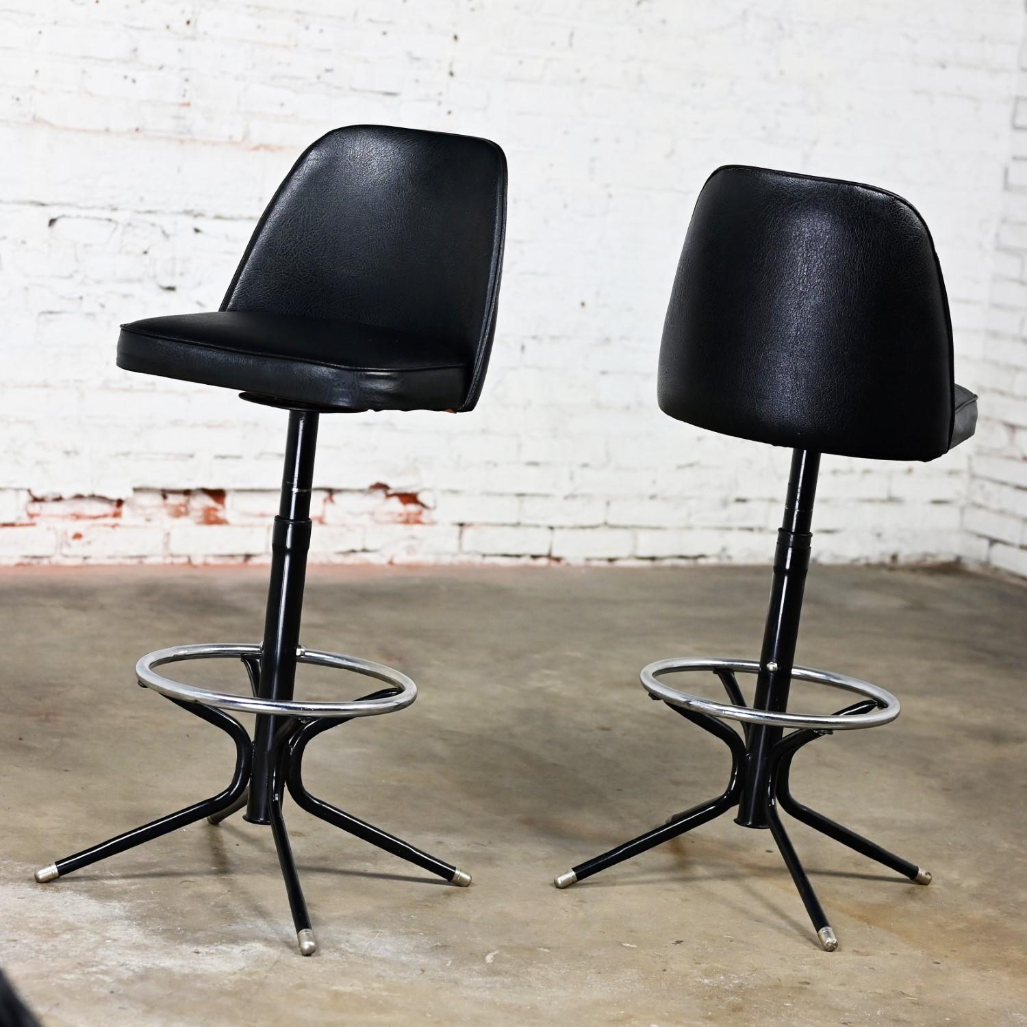 Metal MCM Adjustable Swivel Barstools Black Vinyl Chrome & Black Painted Steel a Pair For Sale