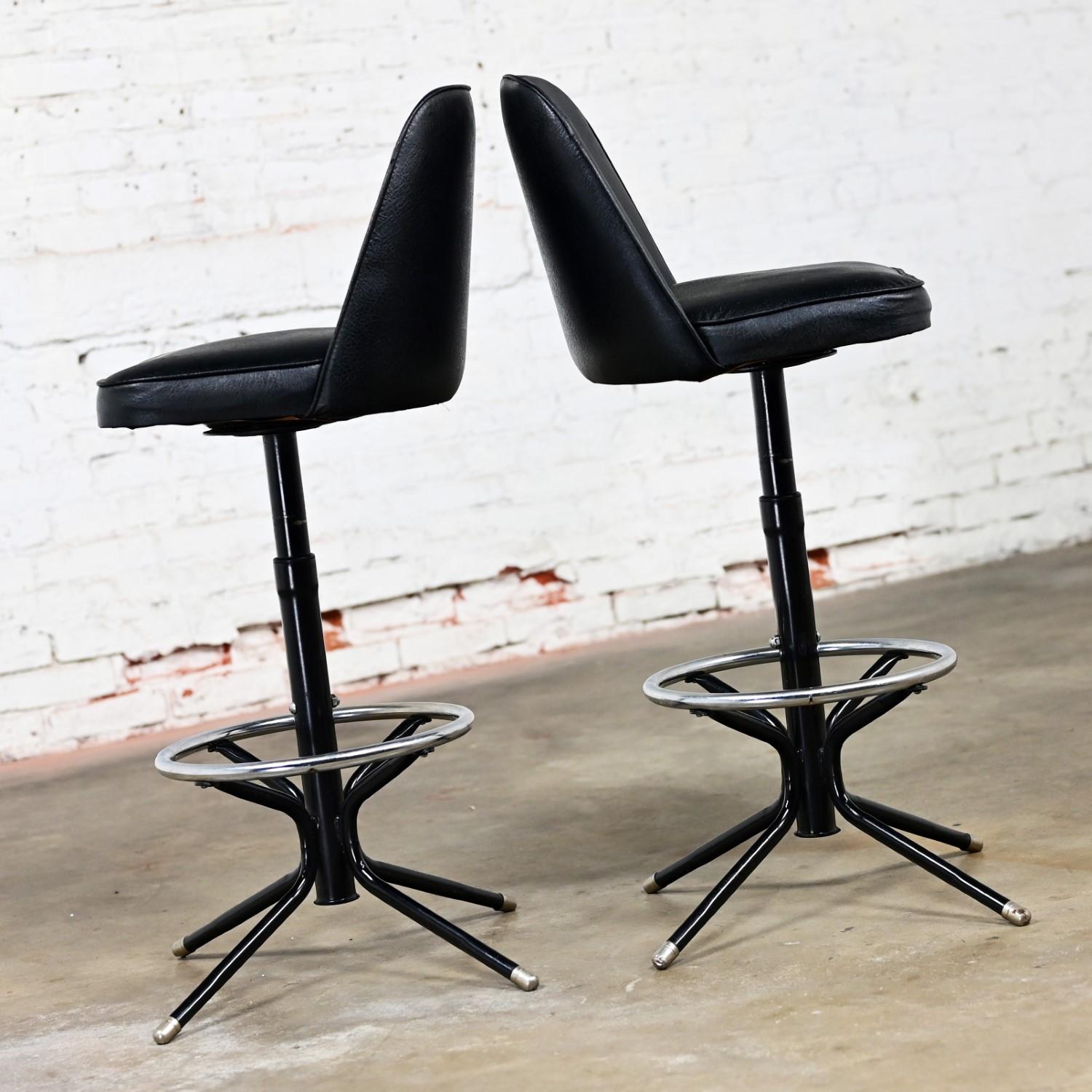 MCM Adjustable Swivel Barstools Black Vinyl Chrome & Black Painted Steel a Pair For Sale 1