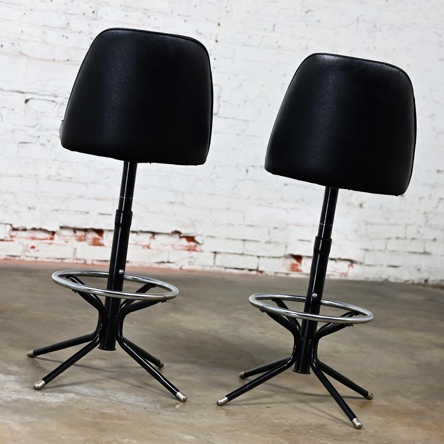 MCM Adjustable Swivel Barstools Black Vinyl Chrome & Black Painted Steel a Pair For Sale 2