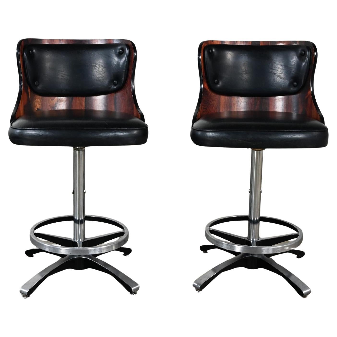 MCM Adjustable Swivel Barstools Black Vinyl & Laminate by Daystrom a Pair For Sale