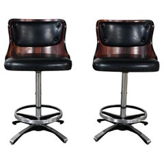 Used MCM Adjustable Swivel Barstools Black Vinyl & Laminate by Daystrom a Pair