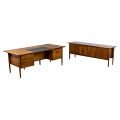 MCM Alma Castilian Series Walnut Credenza & Executive Desk Leather Work Surface