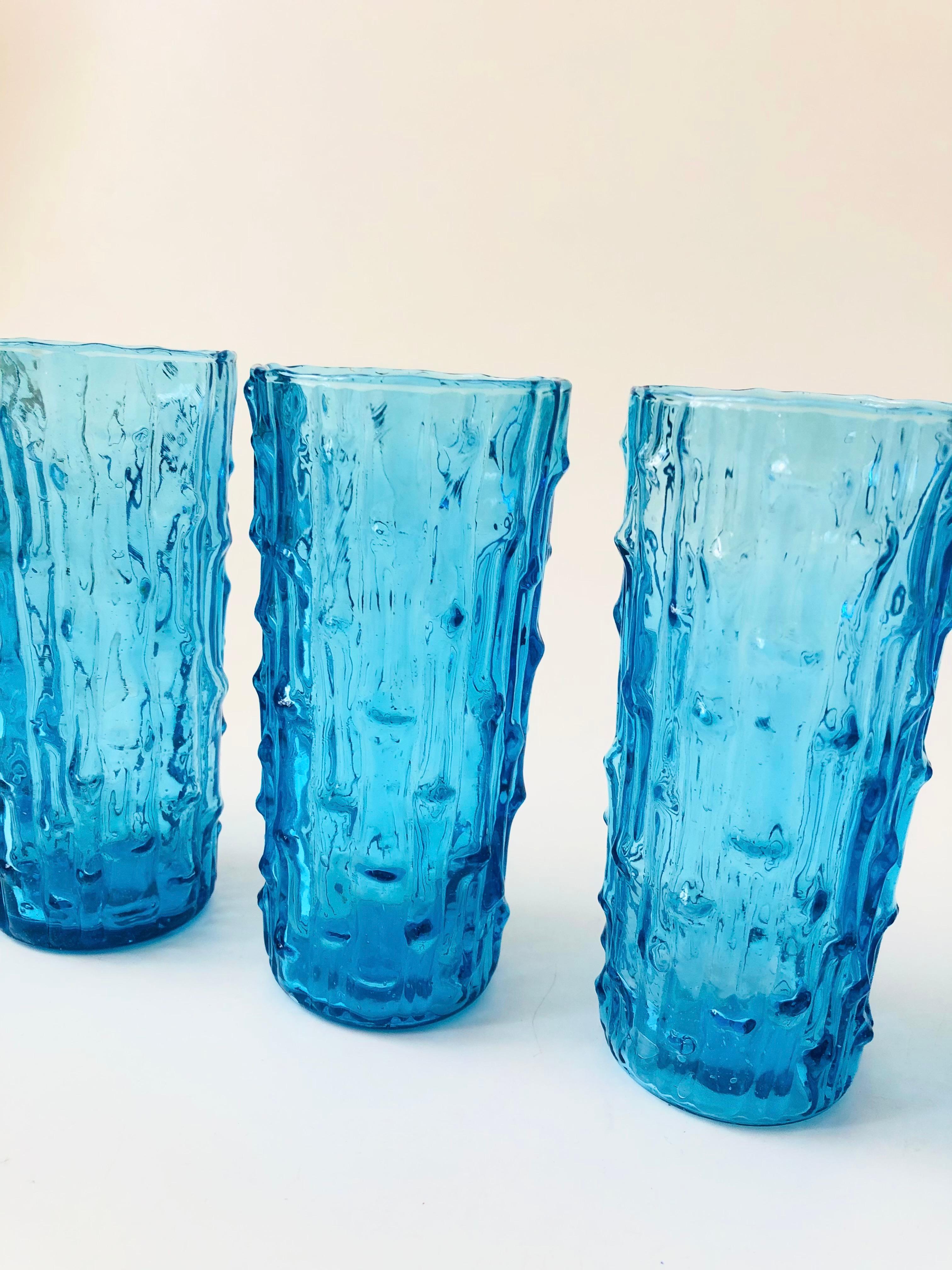 Mid-Century Modern MCM Anchor Hocking Tahiti Blue Textured Highball Tumblers - Set of 6