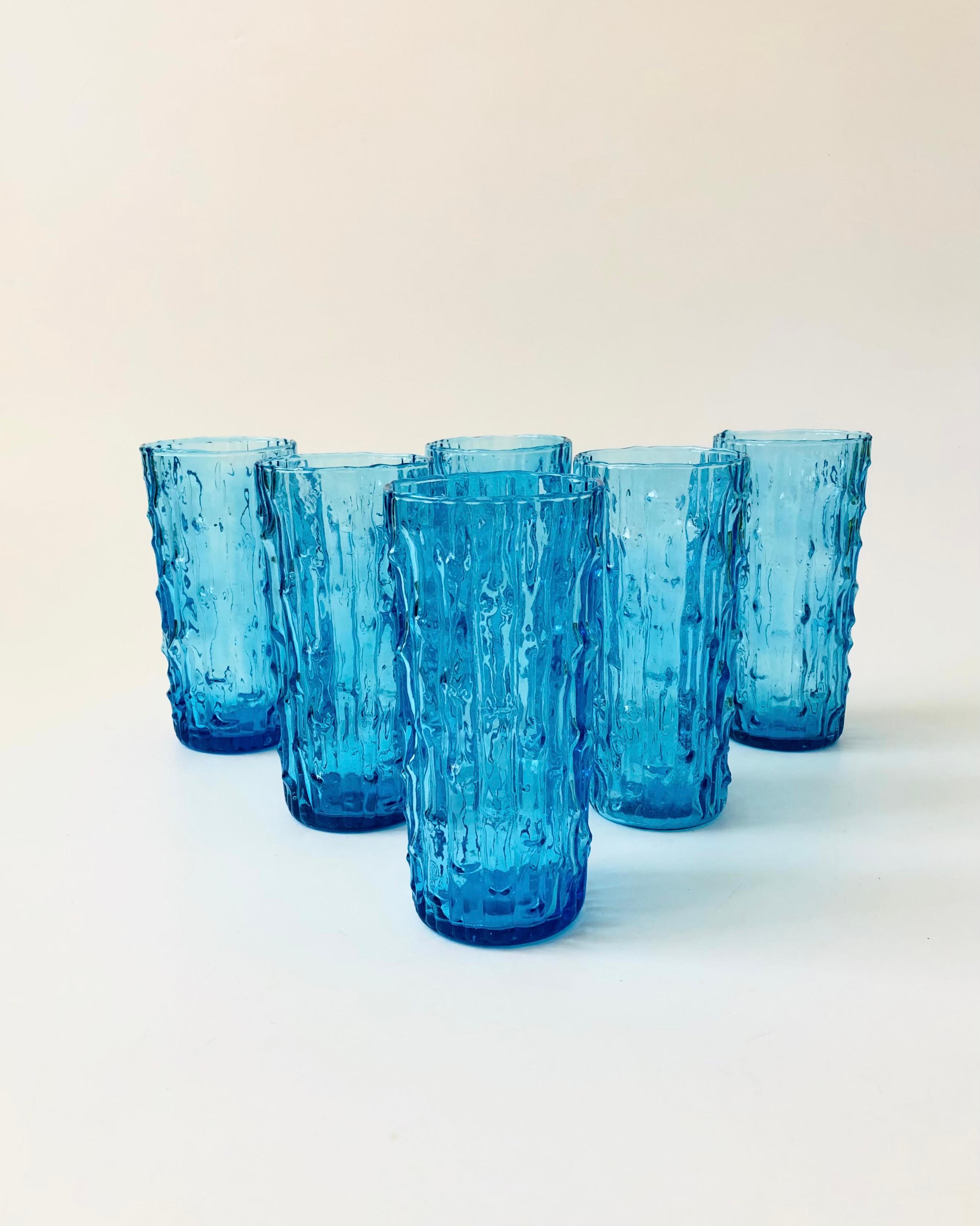 MCM Anchor Hocking Tahiti Blue Textured Highball Tumblers - Set of 6 In Good Condition In Fairfield, CA