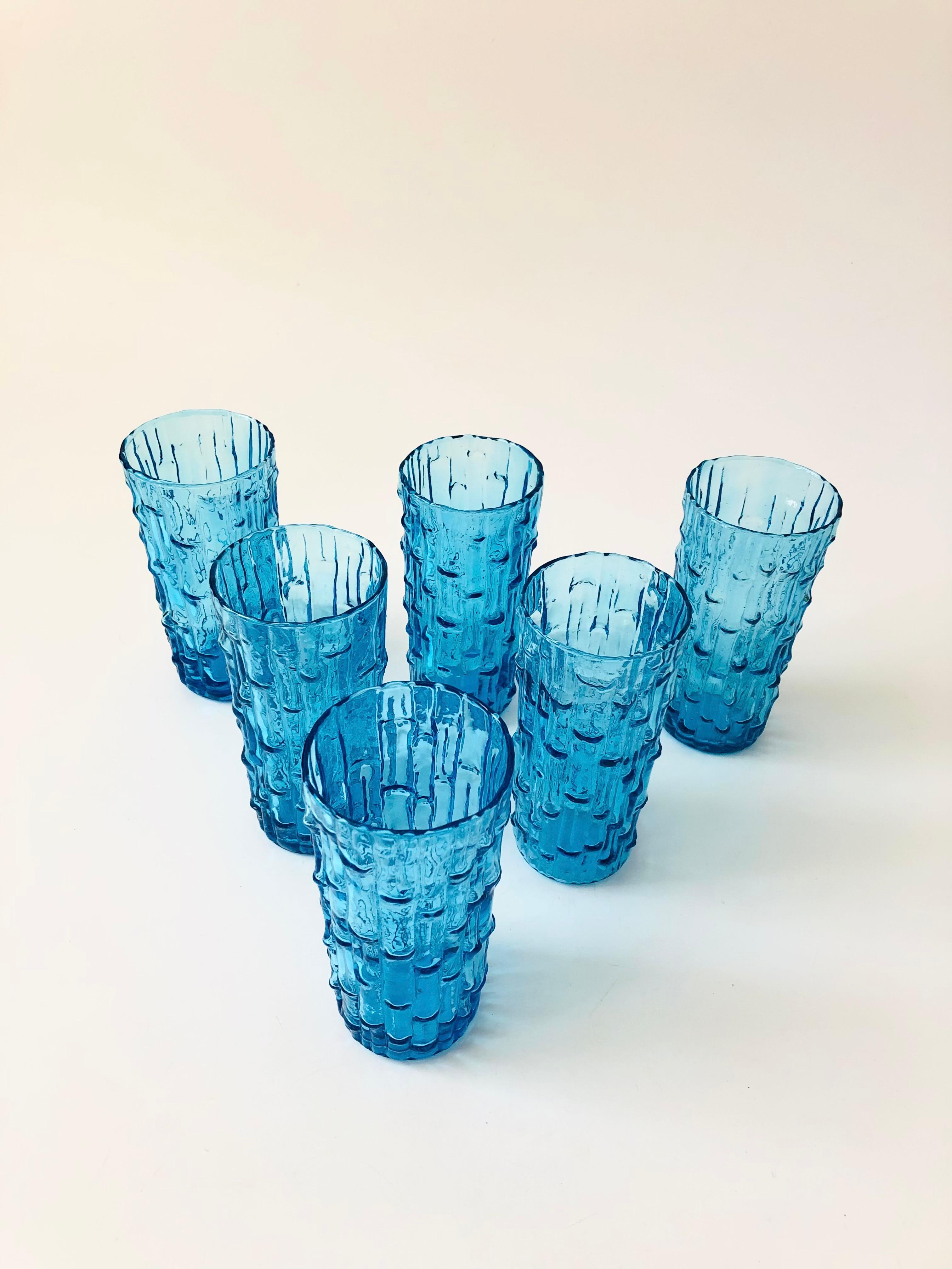 20th Century MCM Anchor Hocking Tahiti Blue Textured Highball Tumblers - Set of 6
