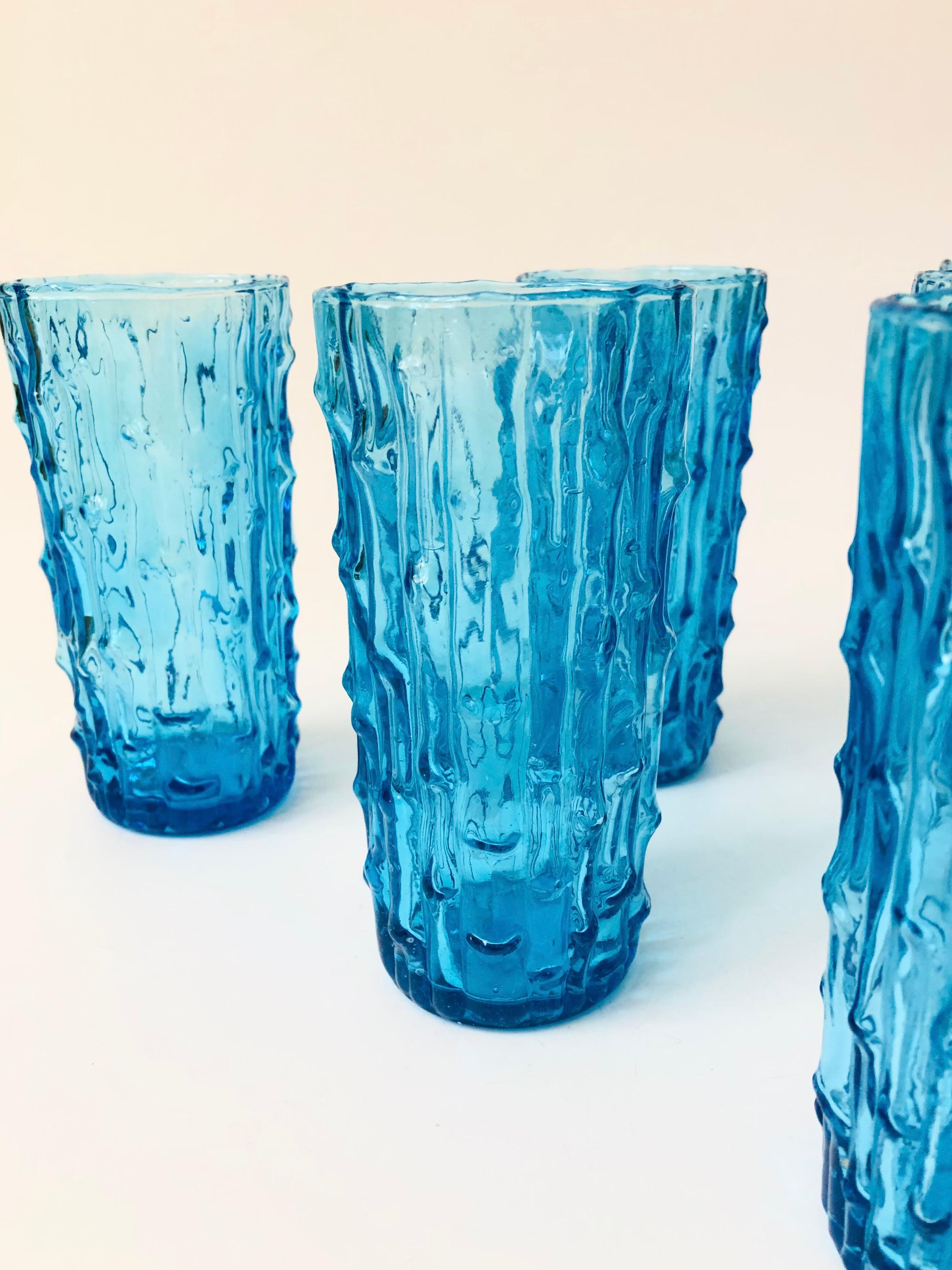 Glass MCM Anchor Hocking Tahiti Blue Textured Highball Tumblers - Set of 6