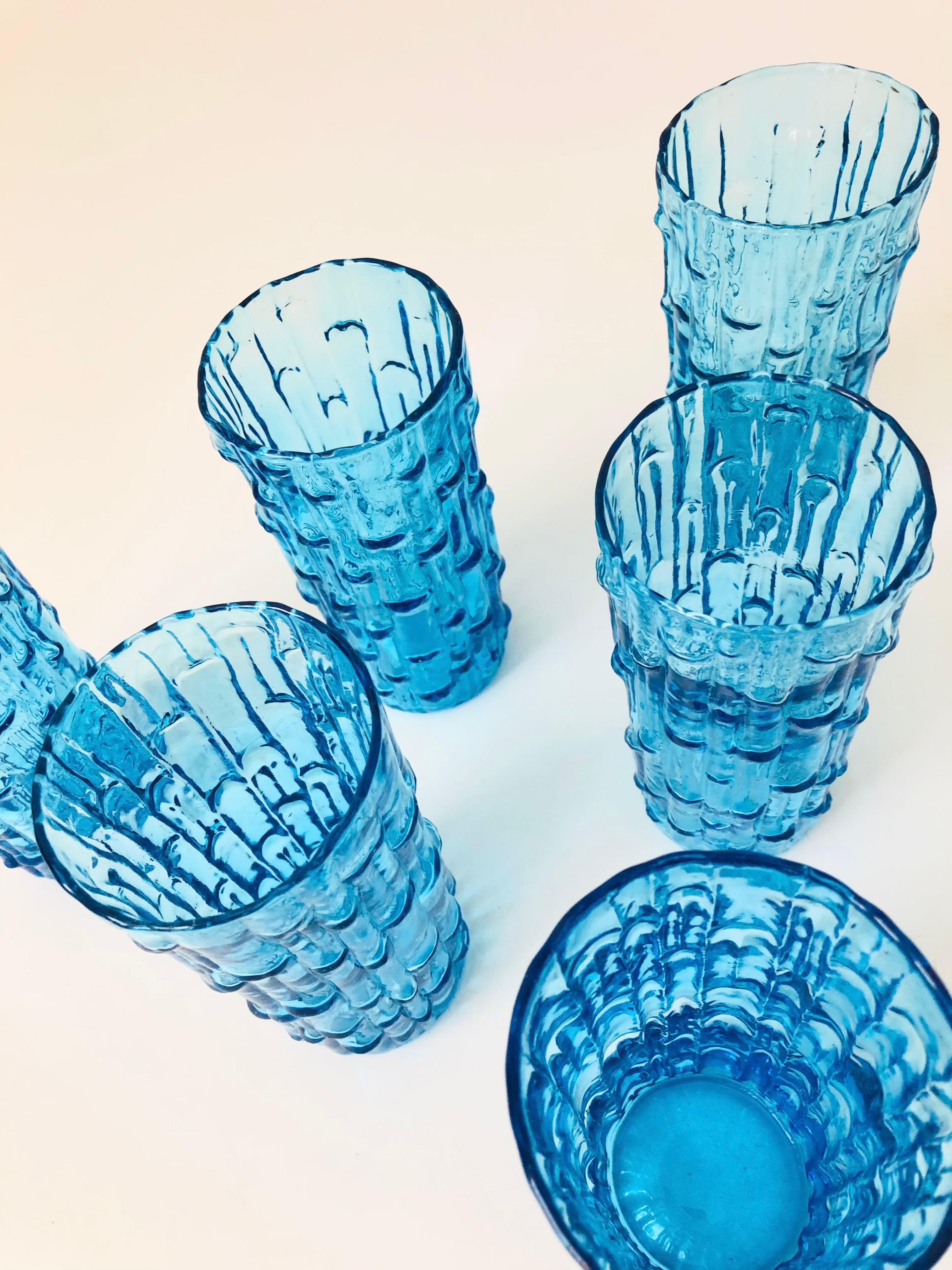MCM Anchor Hocking Tahiti Blue Textured Highball Tumblers - Set of 6 1