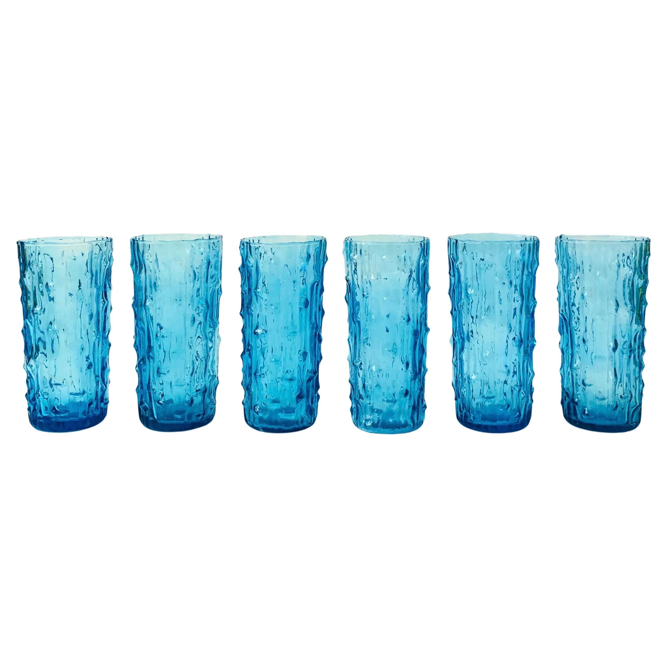 MCM Anchor Hocking Tahiti Blue Textured Highball Tumblers - Set of 6