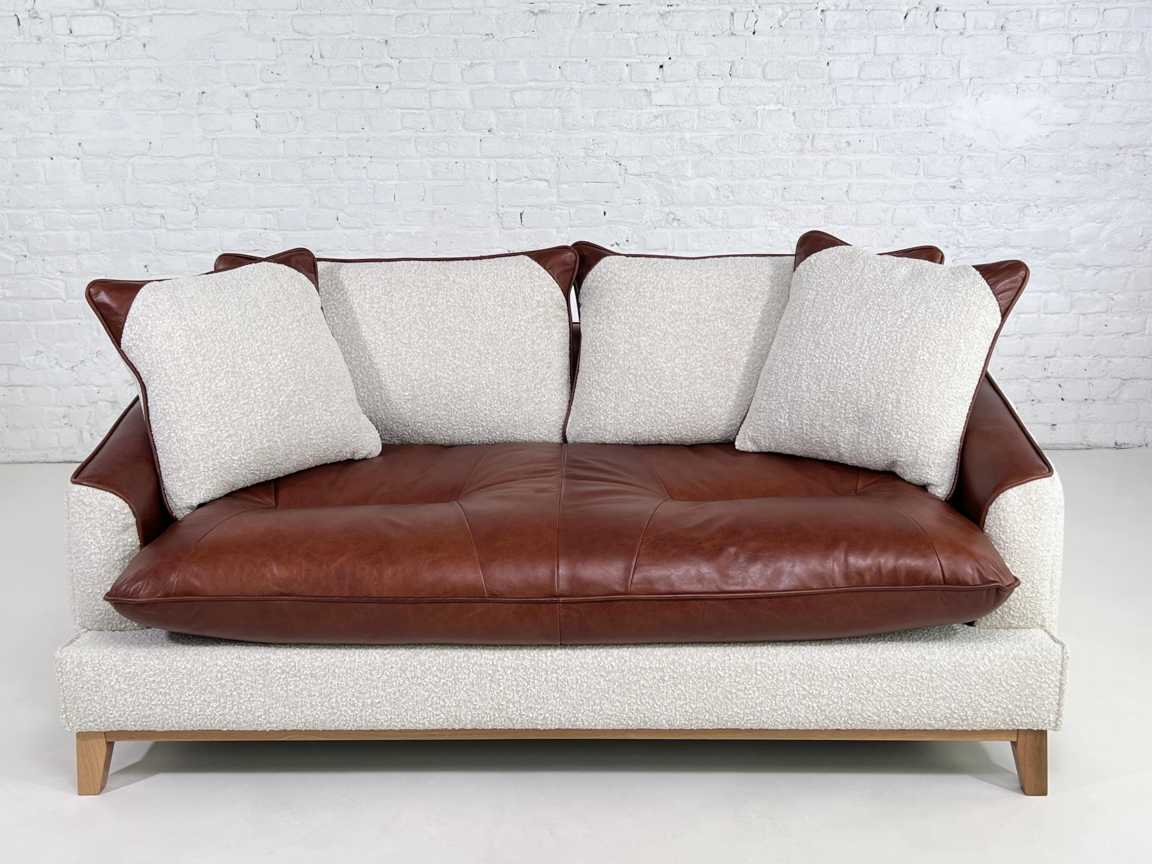 Mcm and Scandinavian Design Style Cognac Leather and Beige Bouclé Fabric Sofa For Sale 1