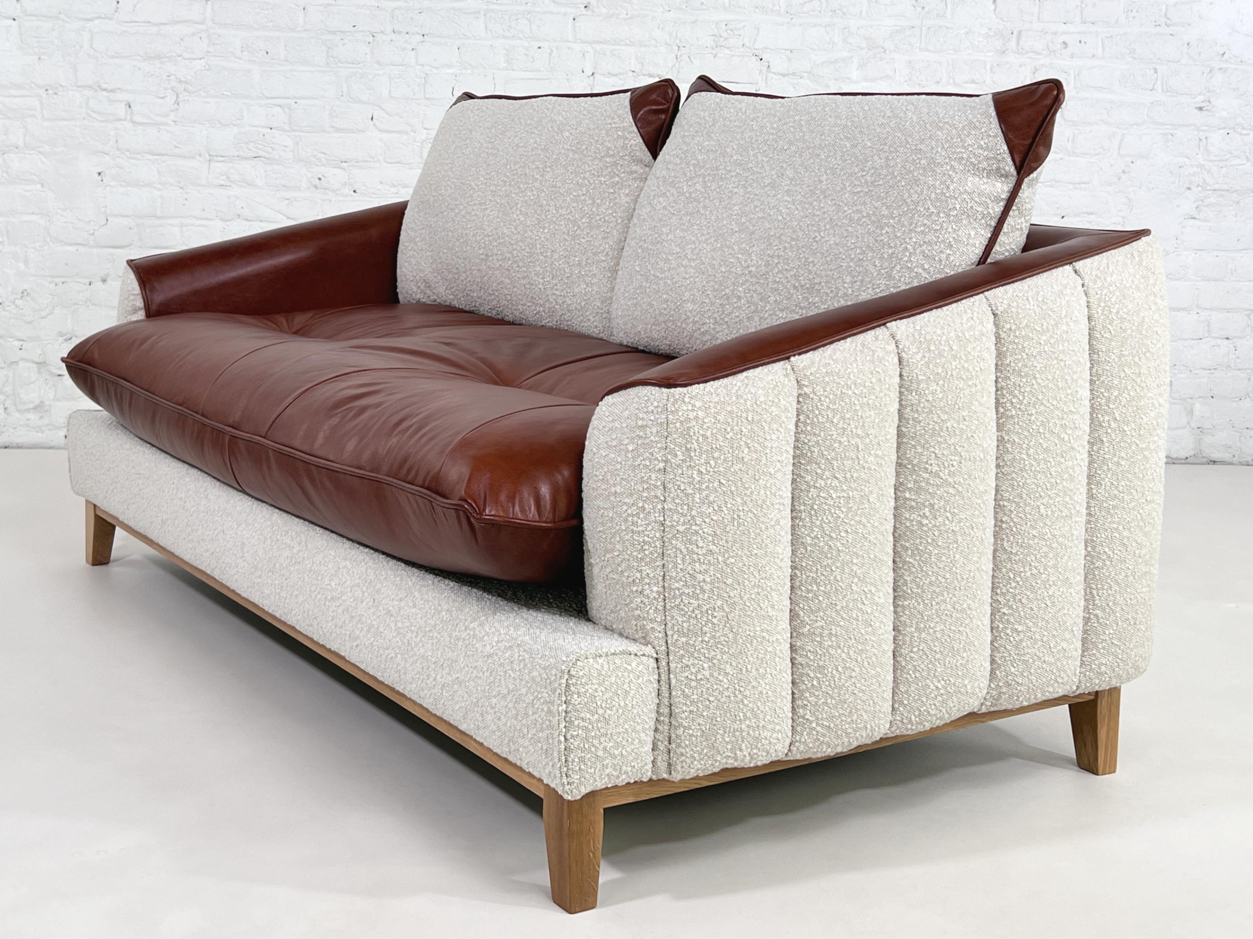 European Mcm and Scandinavian Design Style Cognac Leather and Beige Bouclé Fabric Sofa For Sale