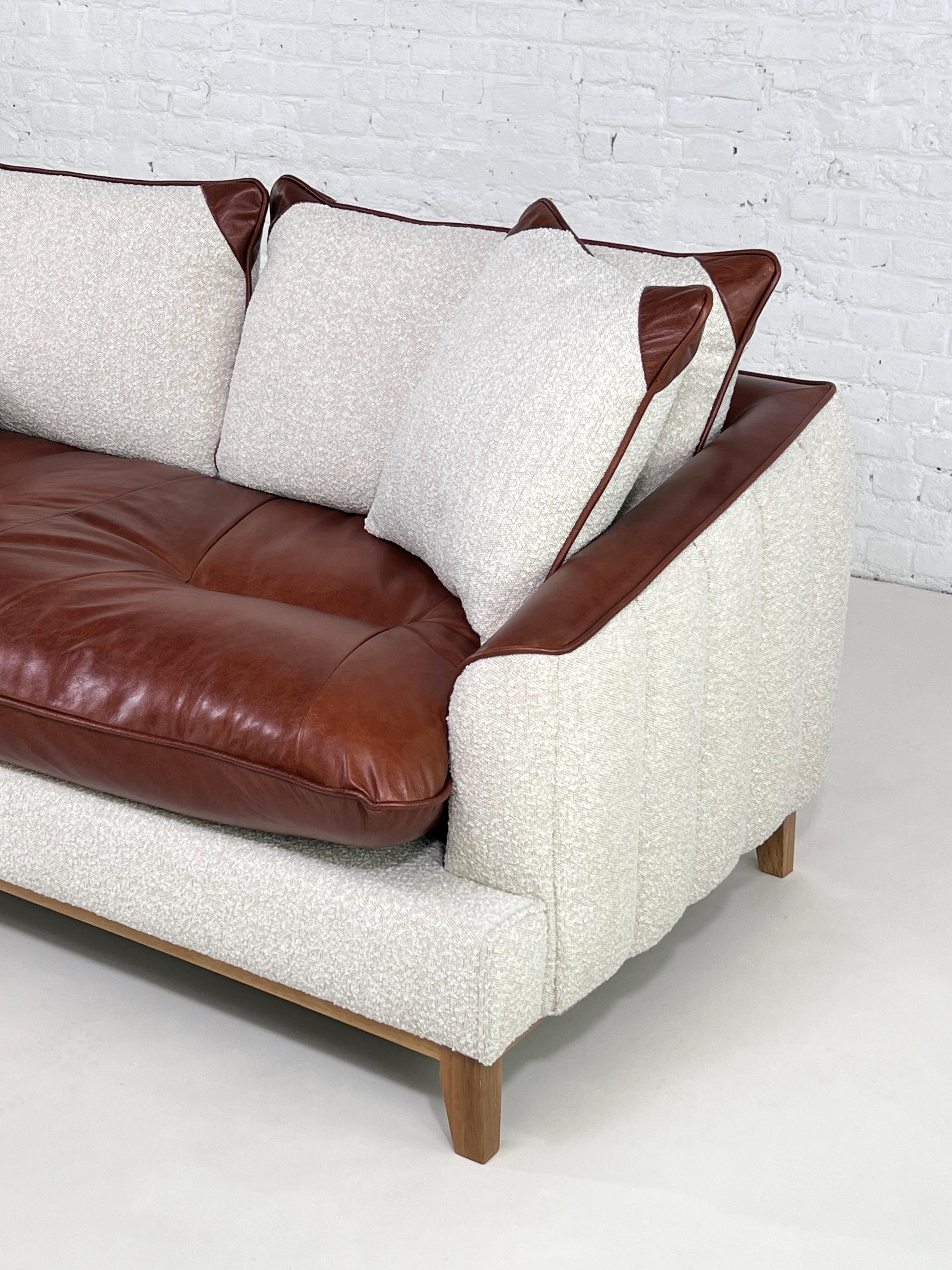 Contemporary Mcm and Scandinavian Design Style Cognac Leather and Beige Bouclé Fabric Sofa For Sale