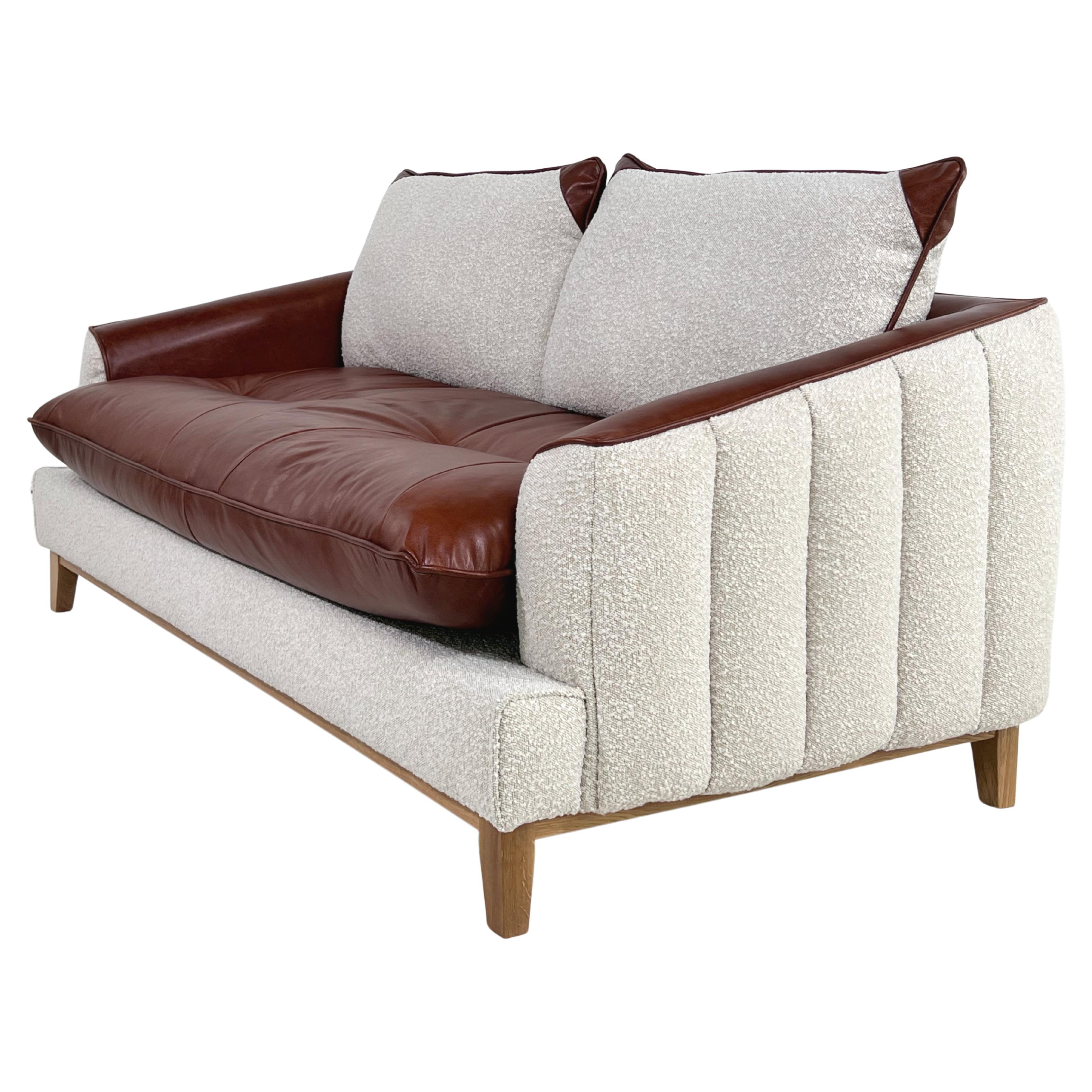 Mcm and Scandinavian Design Style Cognac Leather and Beige Bouclé Fabric Sofa For Sale