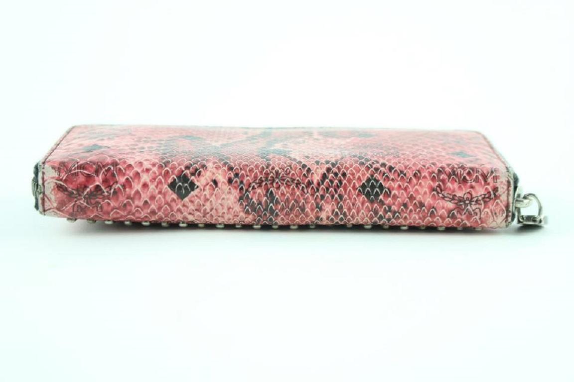 MCM Armour Visetos Monogram Studded Python Print Zip Around Wallet 231939 Pink  For Sale 5