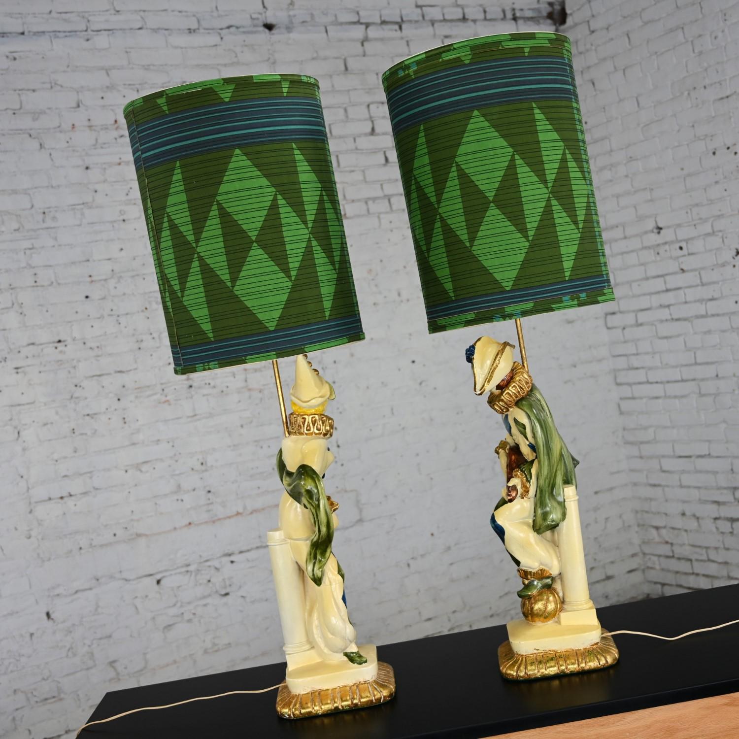 MCM Art Deco Figural Jester Harlequin Table Lamps Style Marbro Pair Blue & Green For Sale 3