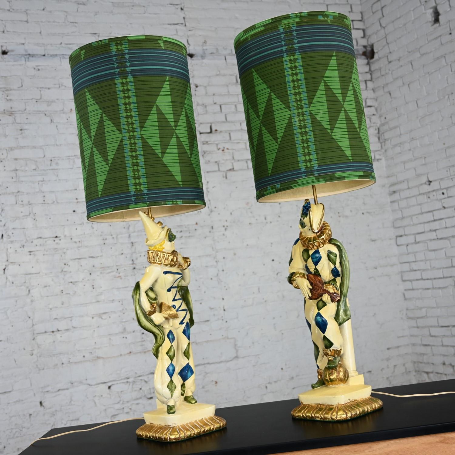 MCM Art Deco Figural Jester Harlequin Table Lamps Style Marbro Pair Blue & Green For Sale 5