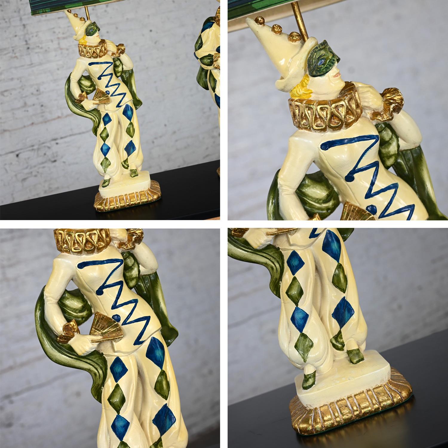 MCM Art Deco Figural Jester Harlequin Table Lamps Style Marbro Pair Blue & Green For Sale 7