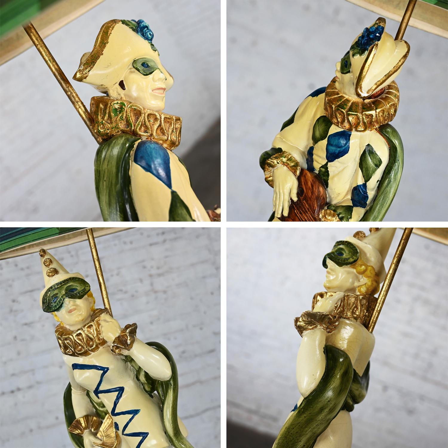 MCM Art Deco Figural Jester Harlequin Table Lamps Style Marbro Pair Blue & Green For Sale 9