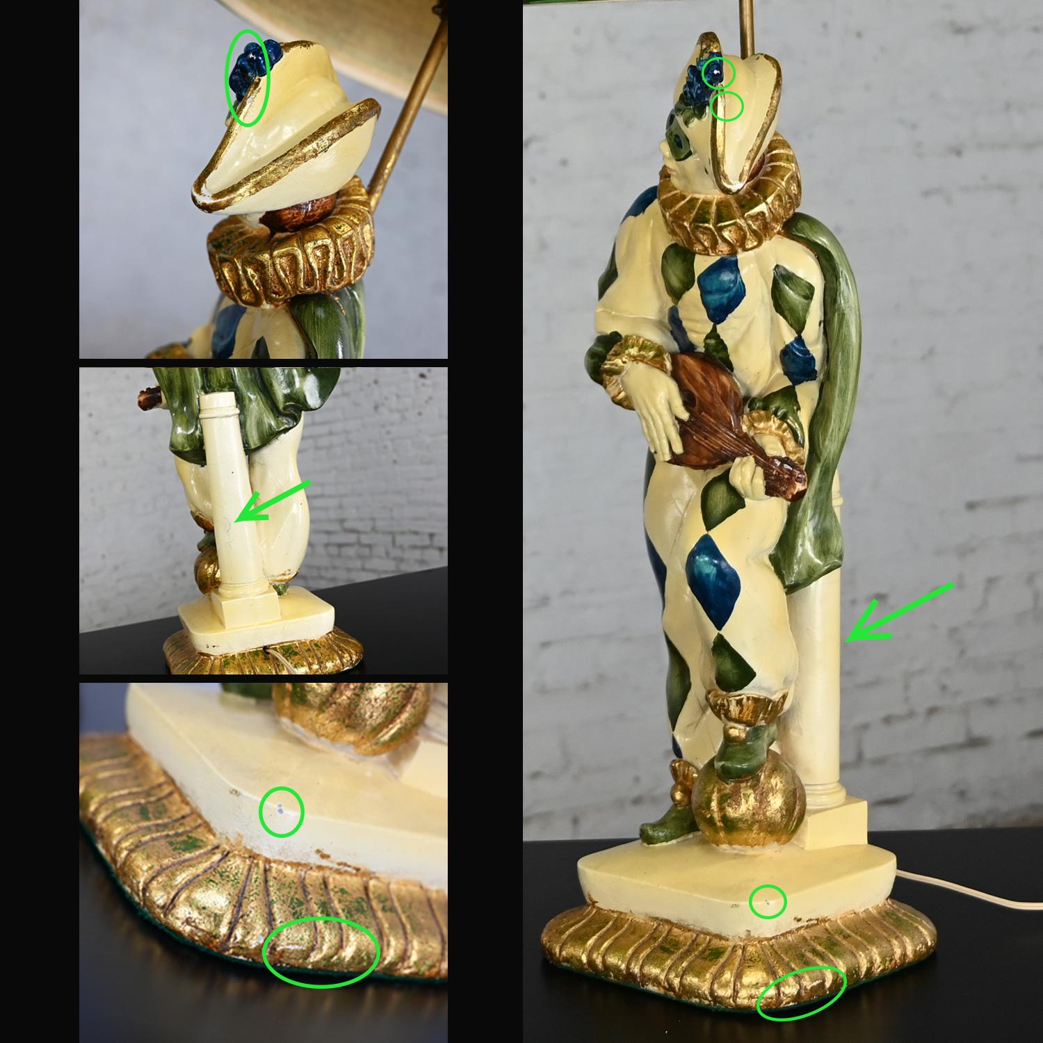MCM Art Deco Figural Jester Harlequin Table Lamps Style Marbro Pair Blue & Green For Sale 11