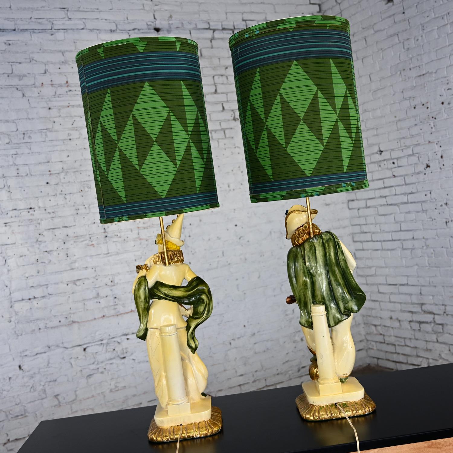 American MCM Art Deco Figural Jester Harlequin Table Lamps Style Marbro Pair Blue & Green For Sale