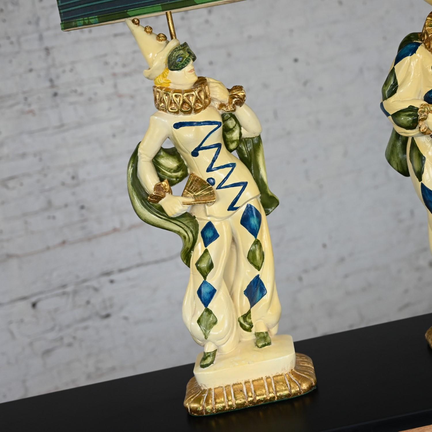 MCM Art Deco Figural Jester Harlequin Table Lamps Style Marbro Pair Blue & Green In Good Condition For Sale In Topeka, KS