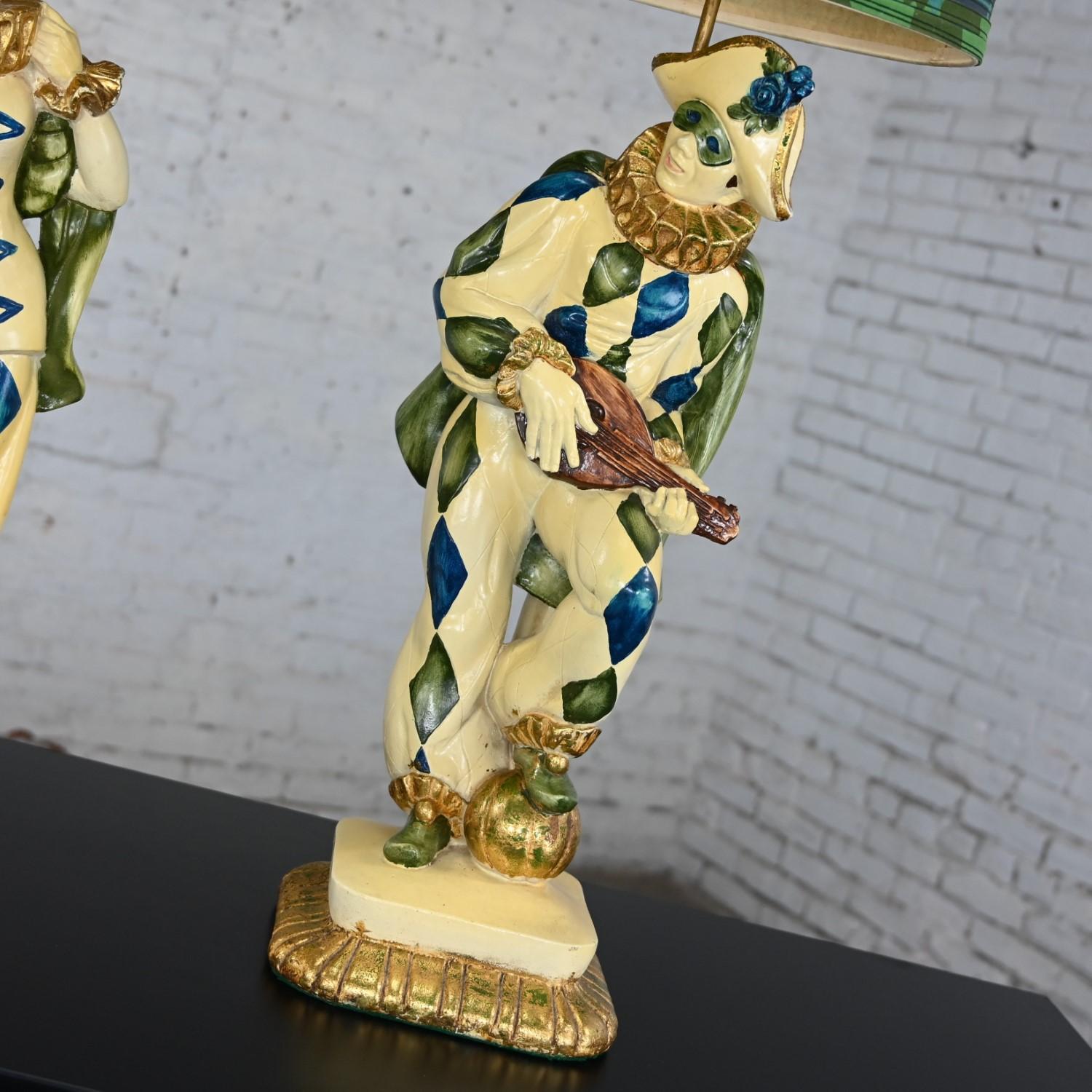 20th Century MCM Art Deco Figural Jester Harlequin Table Lamps Style Marbro Pair Blue & Green For Sale