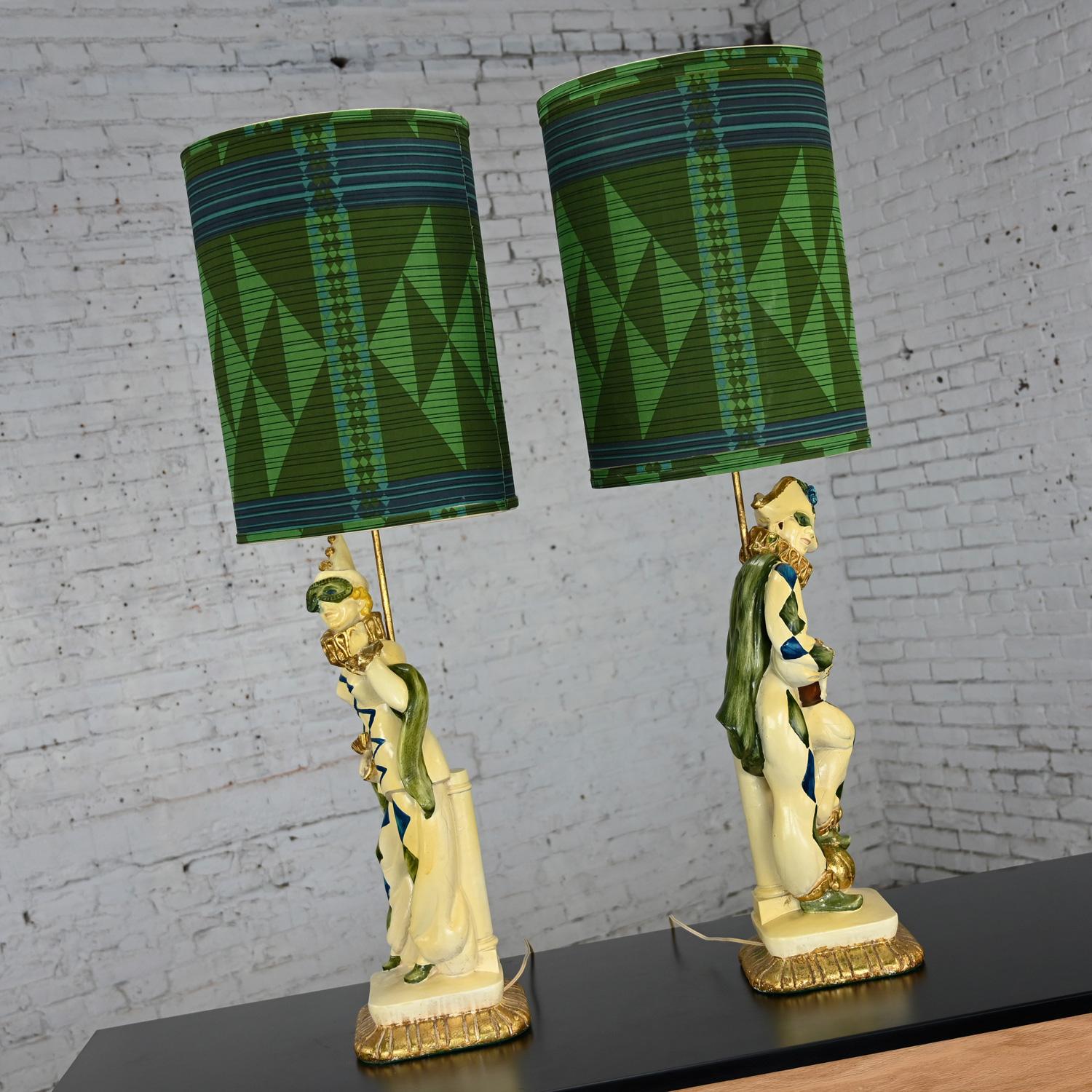MCM Art Deco Figural Jester Harlequin Table Lamps Style Marbro Pair Blue & Green For Sale 1