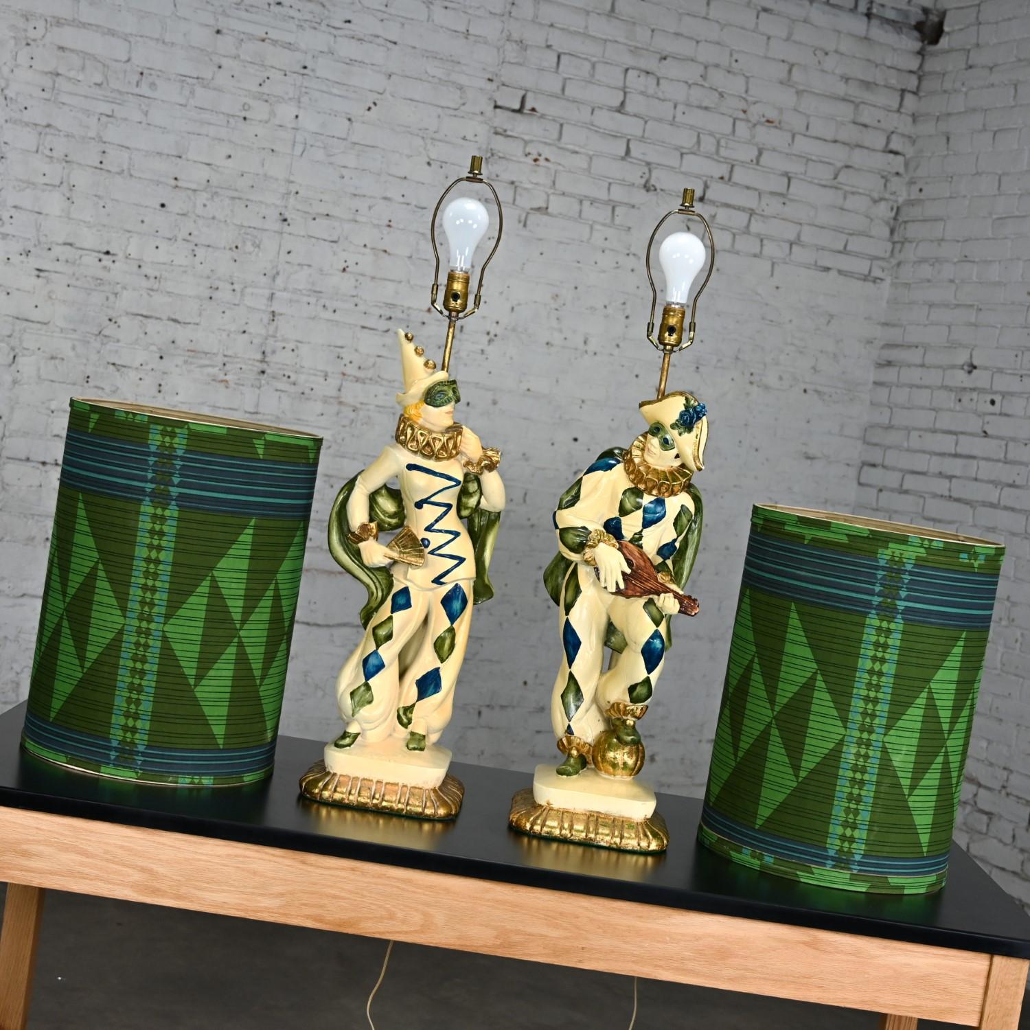 MCM Art Deco Figural Jester Harlequin Table Lamps Style Marbro Pair Blue & Green For Sale 2