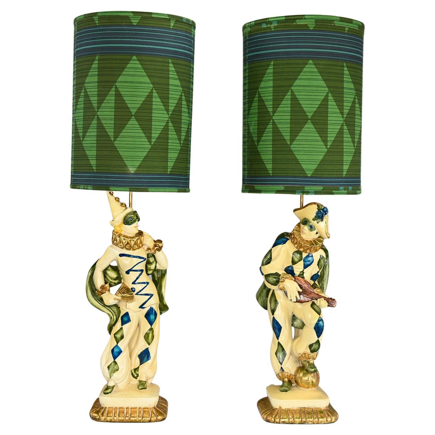 MCM Art Deco Figural Jester Harlequin Table Lamps Style Marbro Pair Blue & Green For Sale