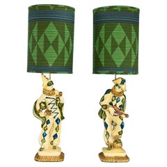 MCM Art Deco Figural Jester Harlequin Table Lamps Style Marbro Pair Blue & Green