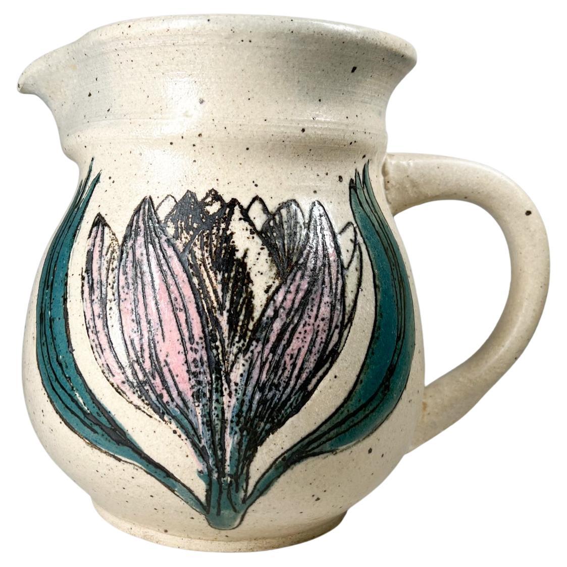 Midcentury Modern Art Pottery Modernist Flower Pitcher Signed For Sale