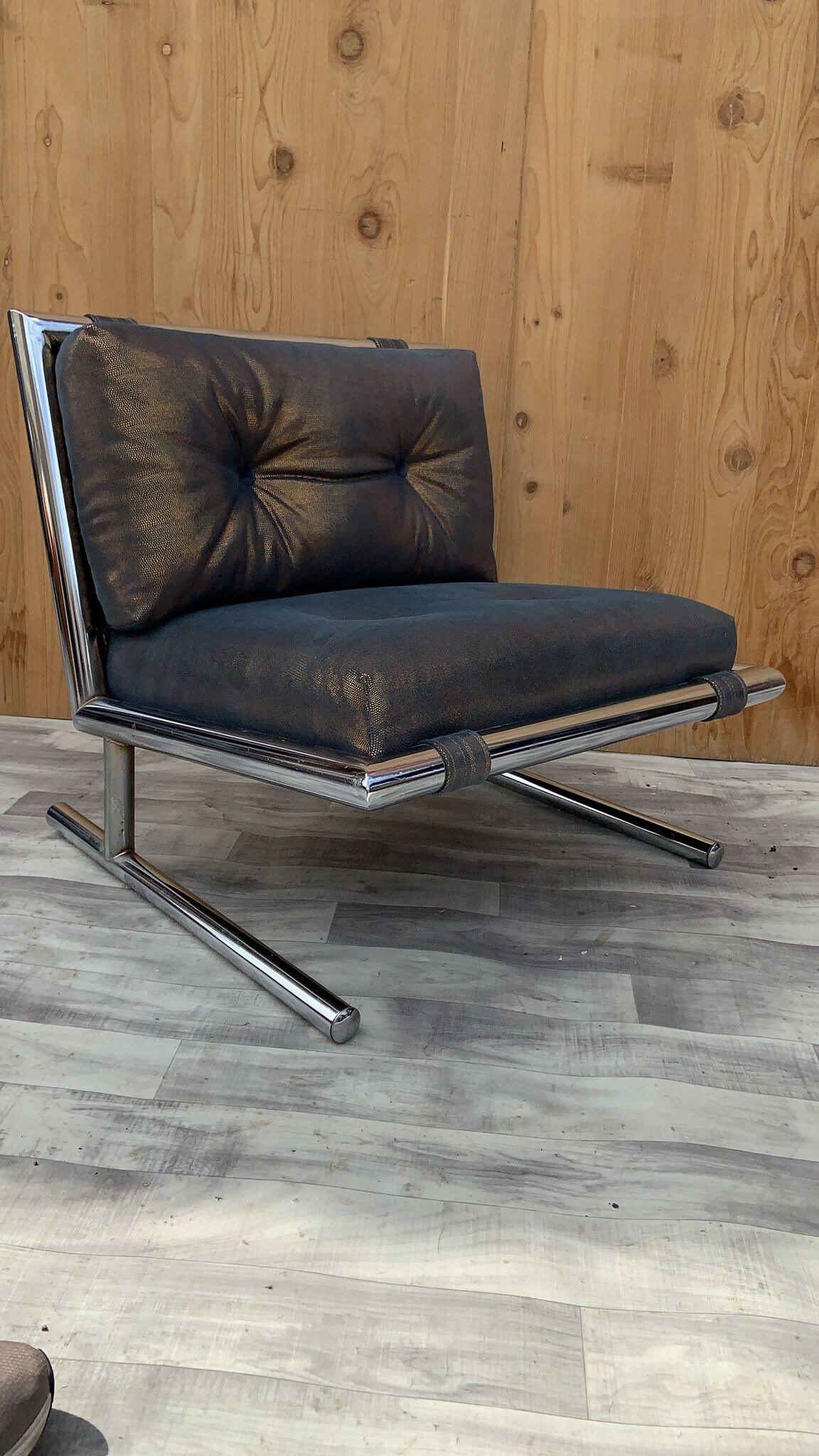 Leather MCM Arthur Umanoff for Directional Chrome Sled Lounge Chair Newly Upholstered For Sale