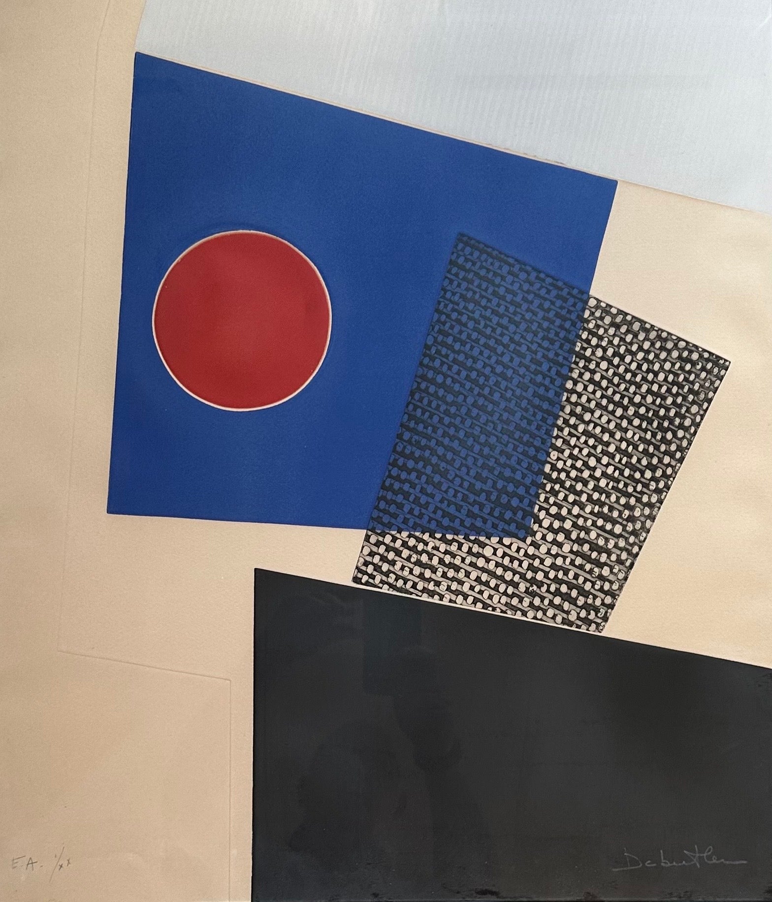 Lithographie abstraite à l'aquatinte de Jacqueline Debutler, circa 1970. L'œuvre est signée à la main et numérotée (EA 1/xx) ; elle est en bon état et est présentée dans un cadre chromé. La lithographie mesure 22,5