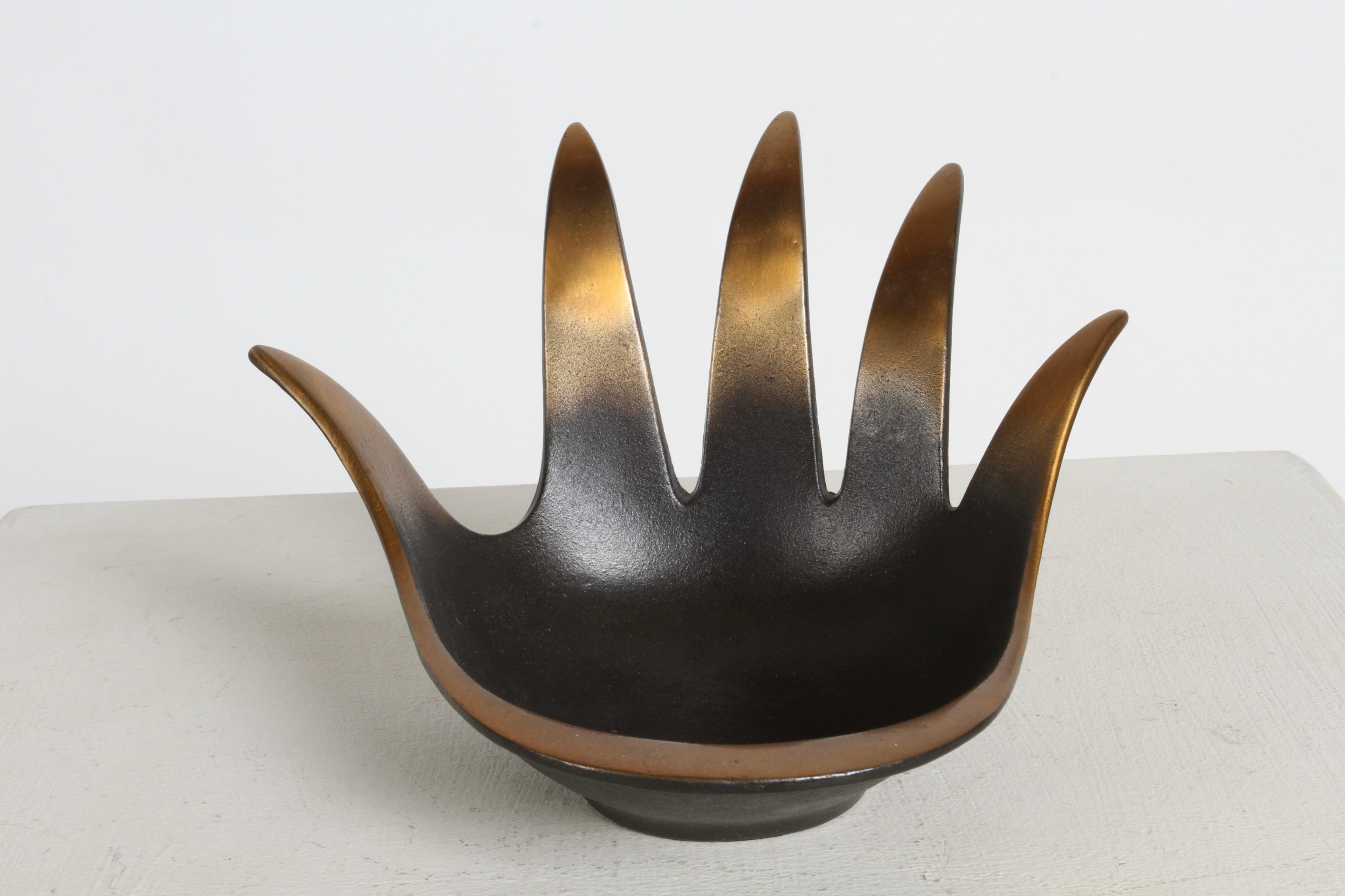 Attributed to Walter Bosse for Herta Baller mid-century modern large open hand in bronze with black paint catch all bowl. Unsigned, does have a pat. pend embossed on underside. 
