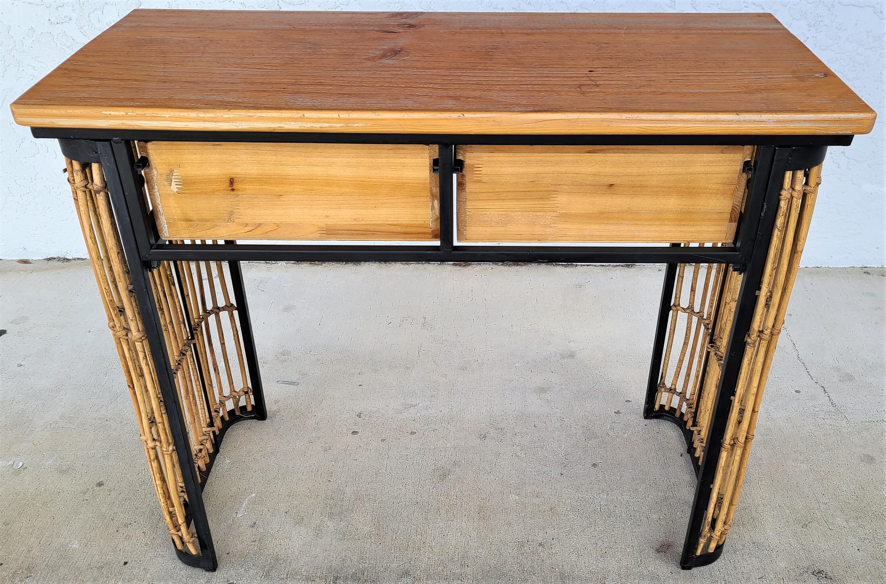 MCM Bamboo Rattan Wood and Wrought Iron 2 Drawer Console Sofa Table In Good Condition For Sale In Lake Worth, FL