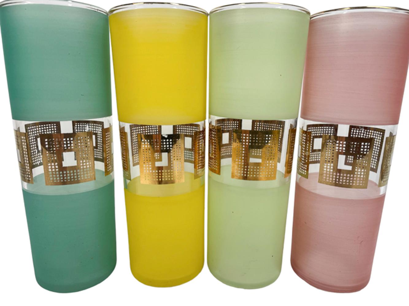 Mid-Century Modern MCM Bartlett-Collins Frosted Tom Collins Glasses w/ Gold Grid 2 Each of 4 Colors For Sale