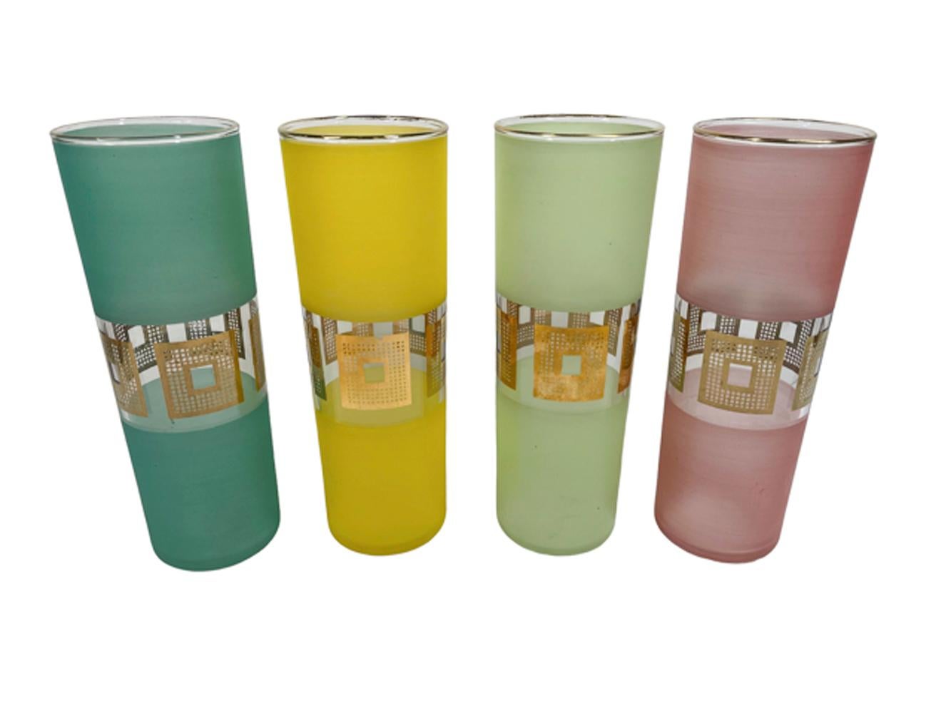 American MCM Bartlett-Collins Frosted Tom Collins Glasses w/ Gold Grid 2 Each of 4 Colors For Sale