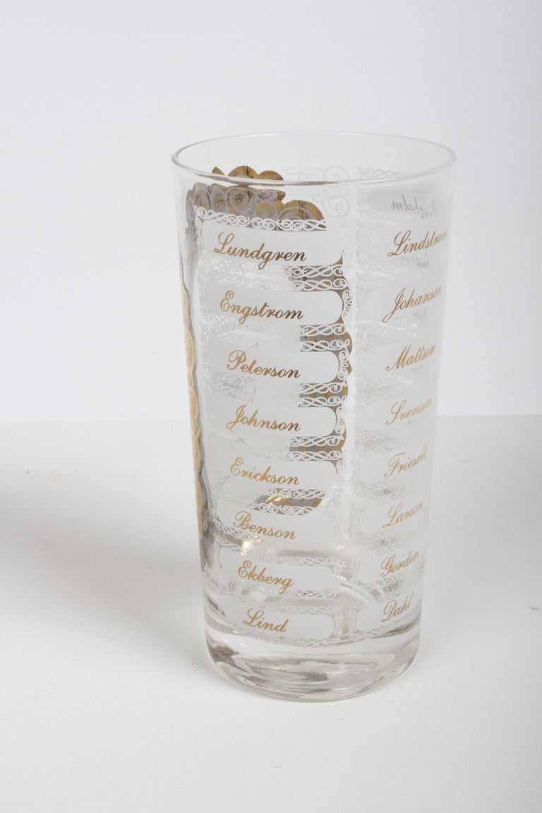 Mid-20th Century MCM Barware Early American Families Names Set of 8 Hi-Ball Cocktail Glasses 22k For Sale
