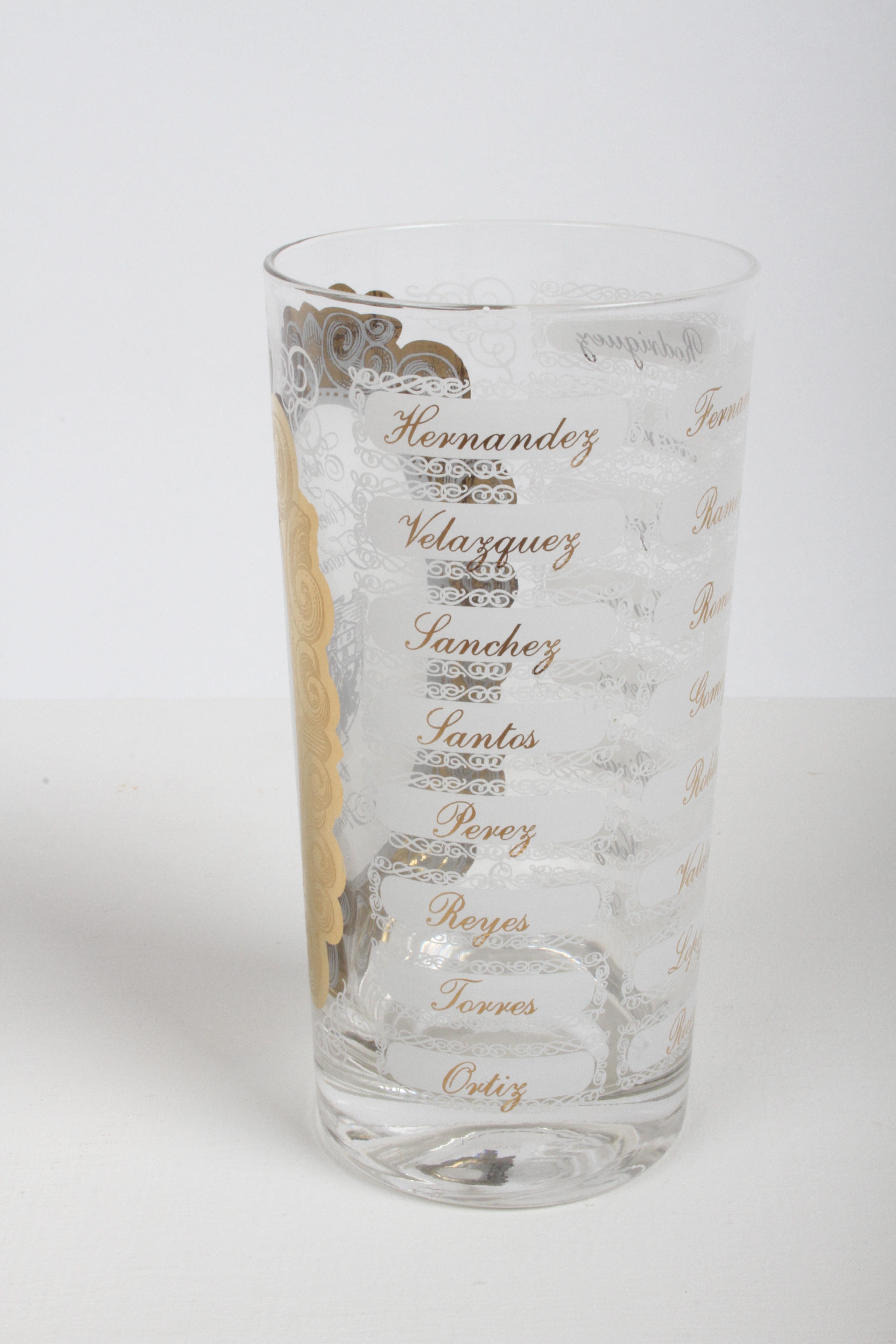 MCM Barware Early American Families Names Set of 8 Hi-Ball Cocktail Glasses 22k For Sale 1