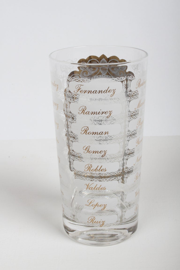 MCM Barware Early American Families Names Set of 8 Hi-Ball Cocktail Glasses 22k For Sale 3