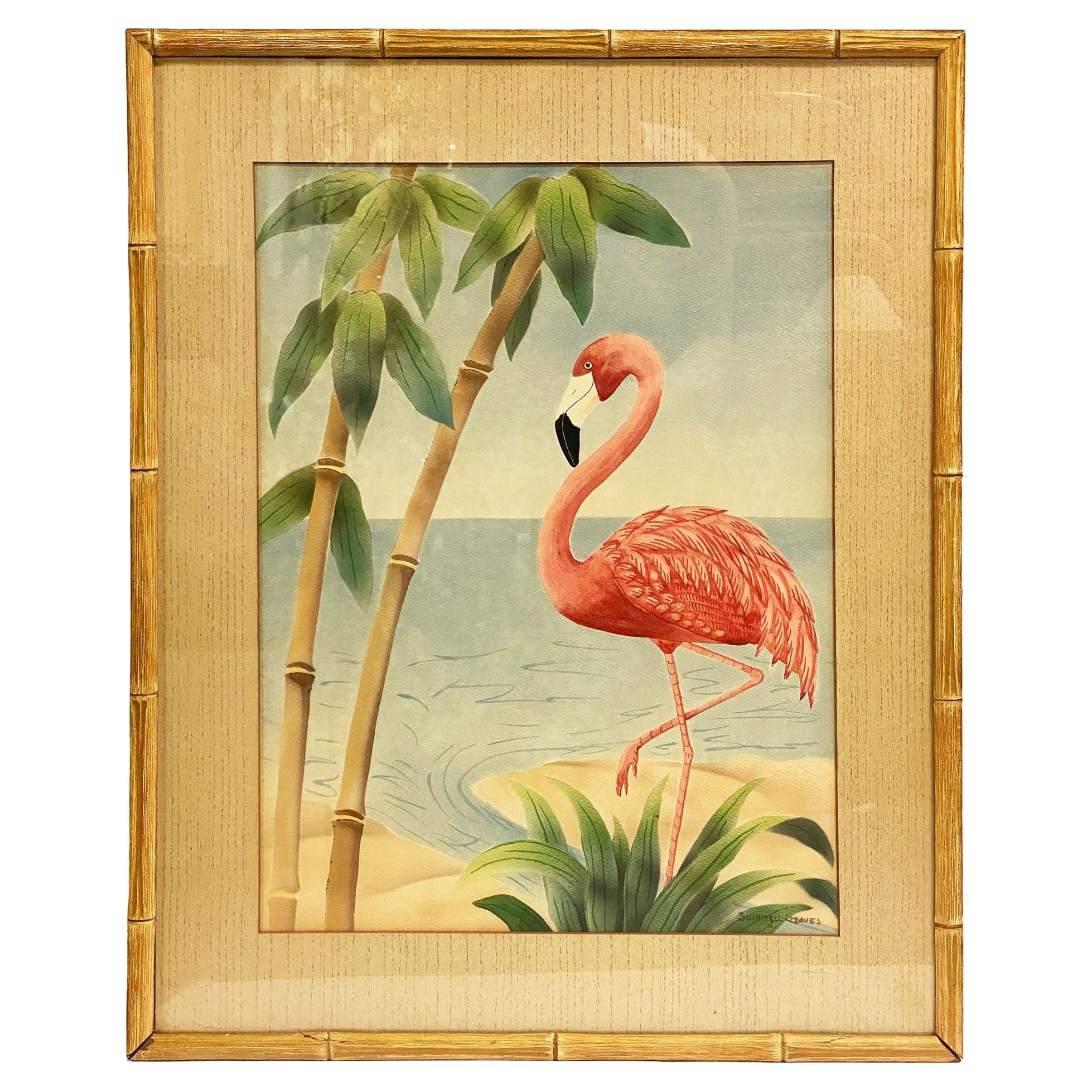 MCM Beach Flamant rose Aquarelle sur papier signée par Shirrell Graves, encadrée
