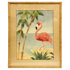 MCM Beach Flamant rose Aquarelle sur papier signée par Shirrell Graves, encadrée