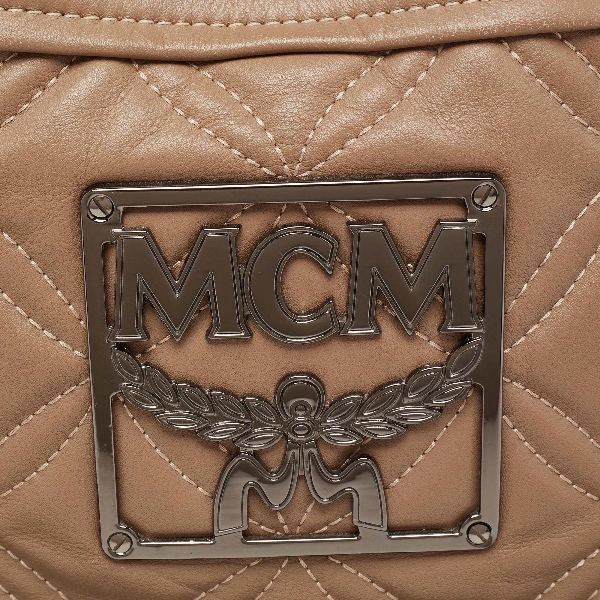 MCM Beige Essential Quilted Leather Logo Tote 4