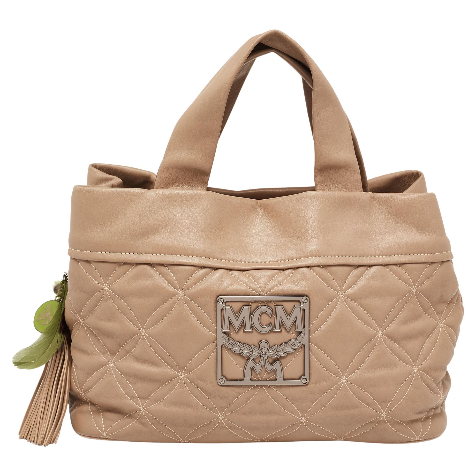 MCM Beige Essential Quilted Leather Logo Tote