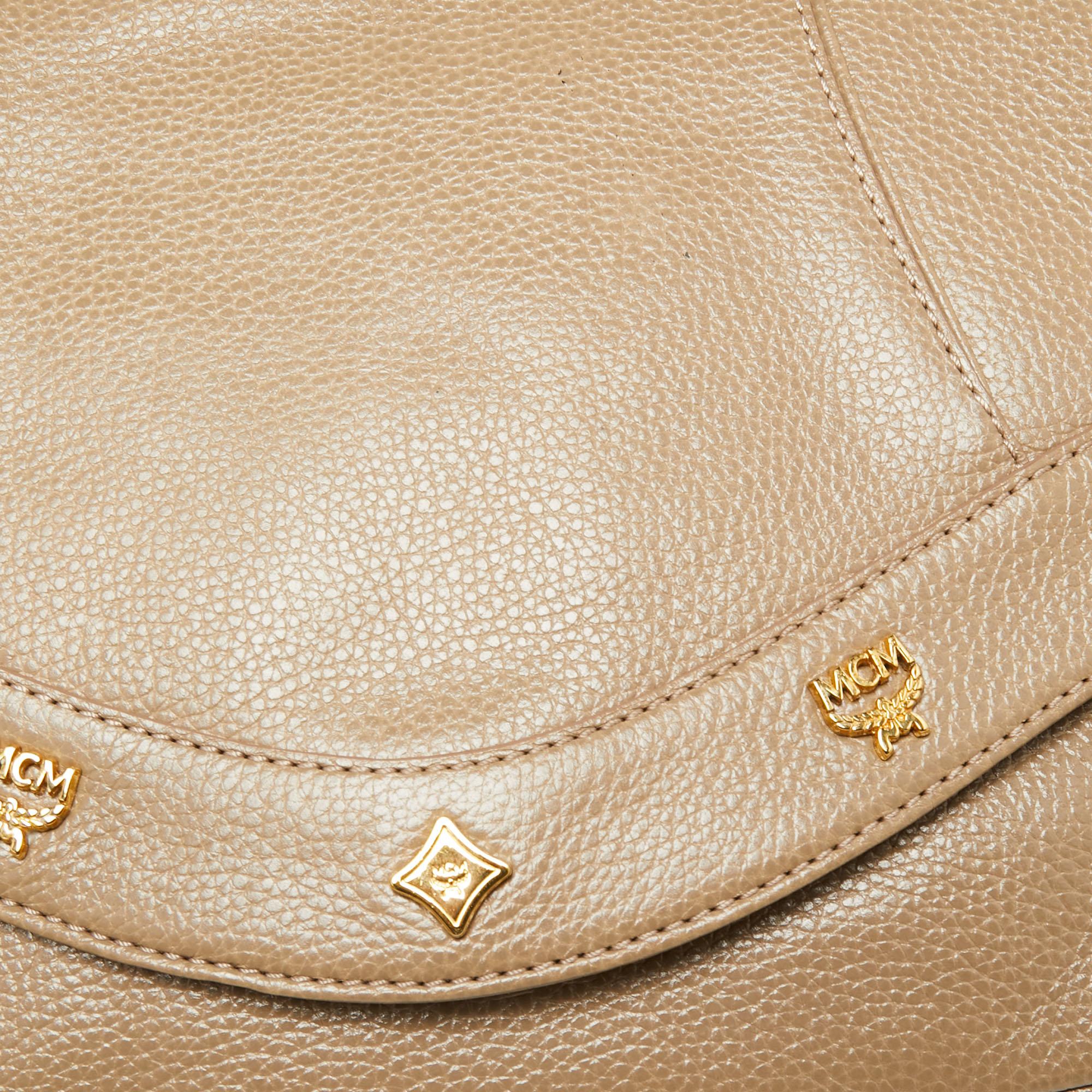 MCM Beige Leather Studded Flap Shoulder Bag 6