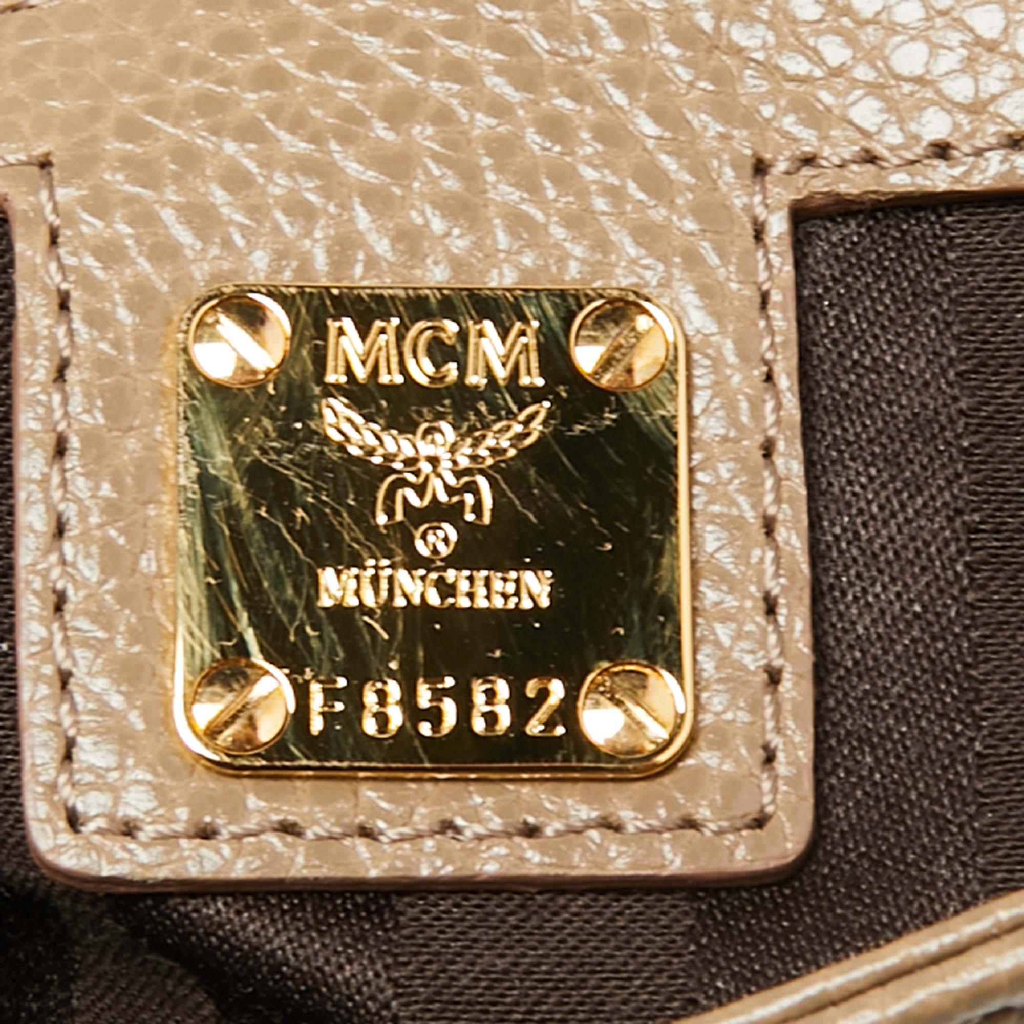 MCM Beige Leather Studded Flap Shoulder Bag 2