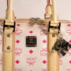 MCM Beige Visetos Boston with Charm 869704 White Coated Canvas Shoulder Bag