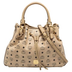 MCM Tote con coulisse in tela rivestita e pelle beige Visetos
