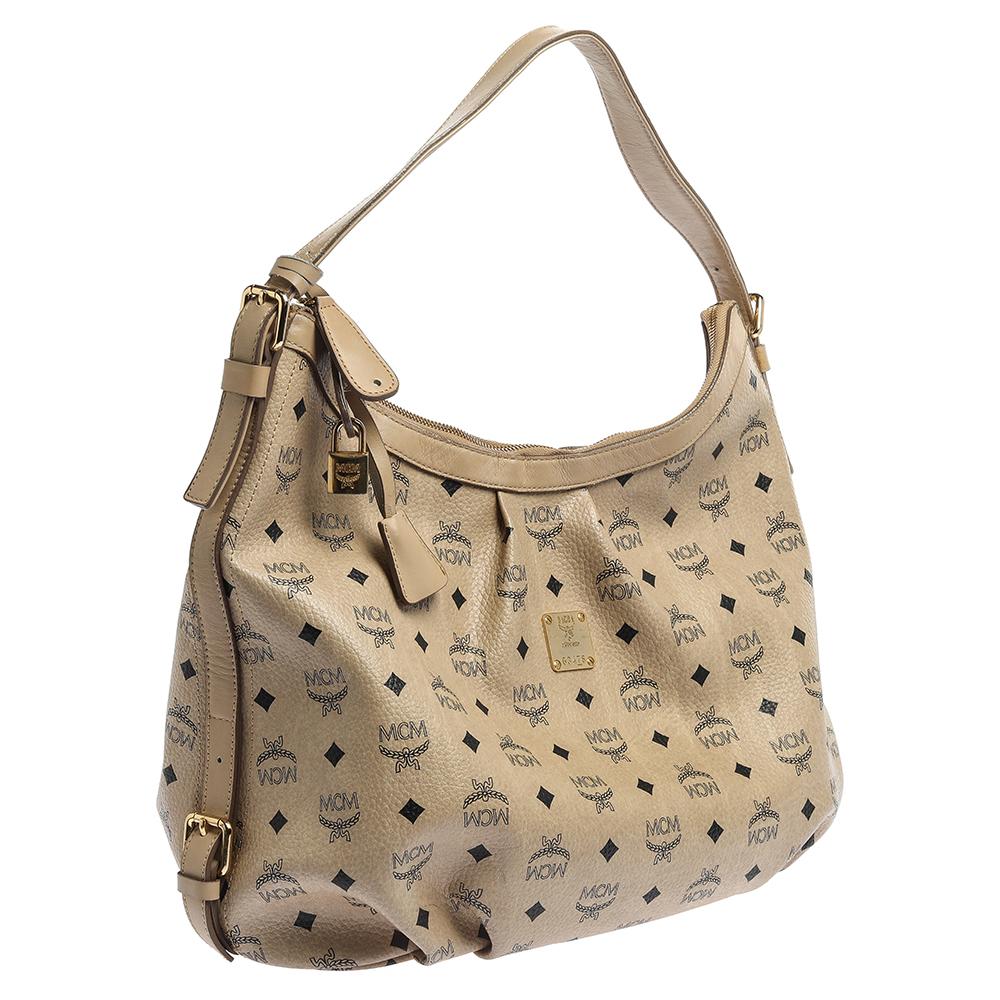 MCM Beige Visetos beschichtetes Segeltuch und Leder Essential Hobo Damen