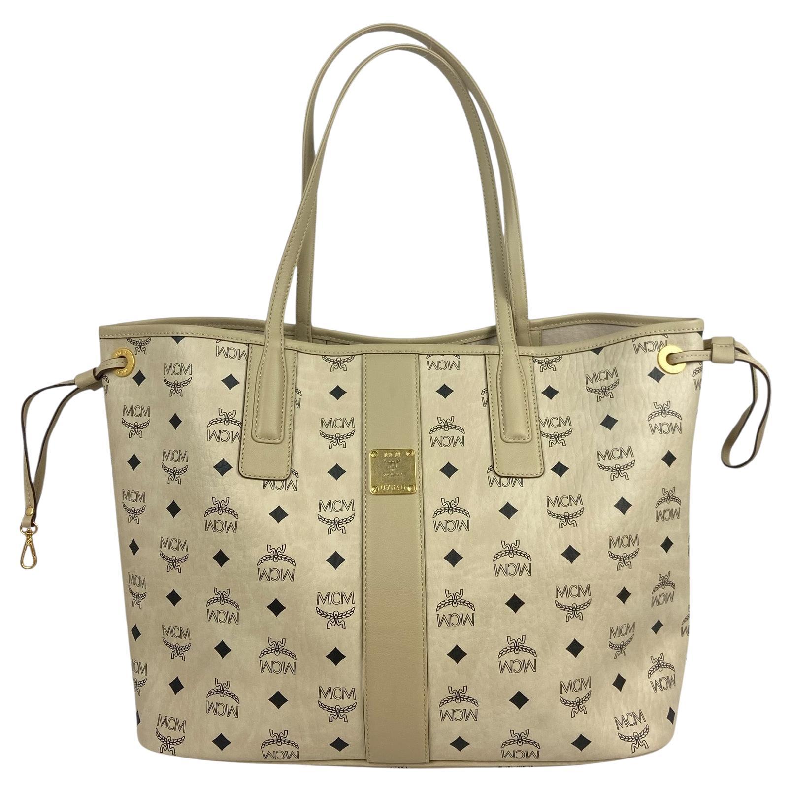 MCM Beige Visetos Medium Liz Shopper Tote Bag.